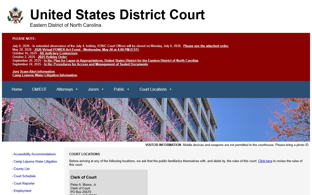 Chowan County Clerk of Superior Court Eastern District federal court locations