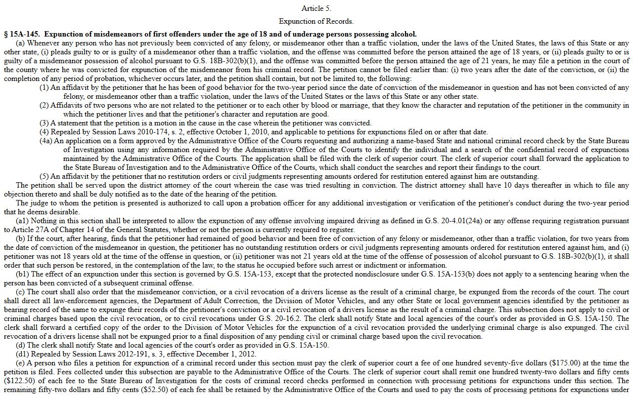 Chowan County criminal court records Chapter 15A expunction statutes