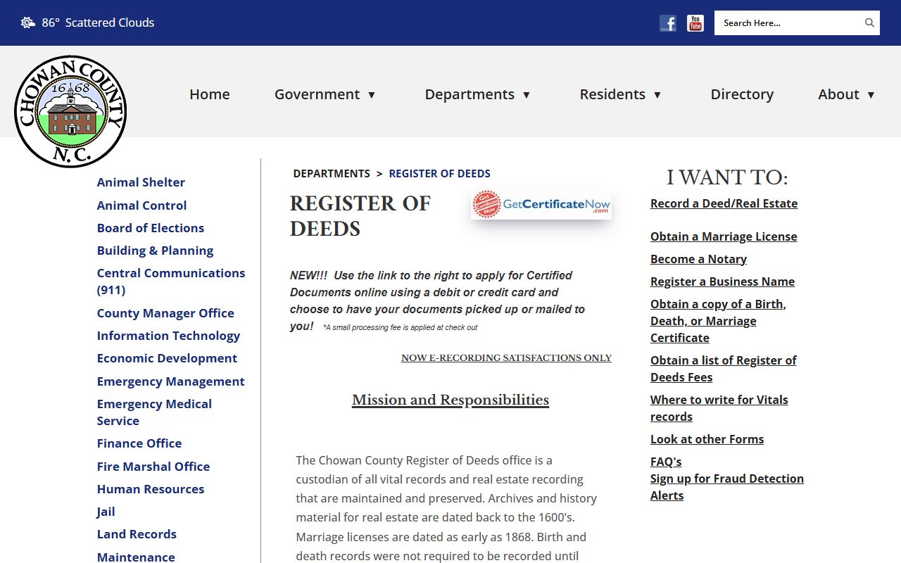 Chowan County marriage and divorce records Register of Deeds office information