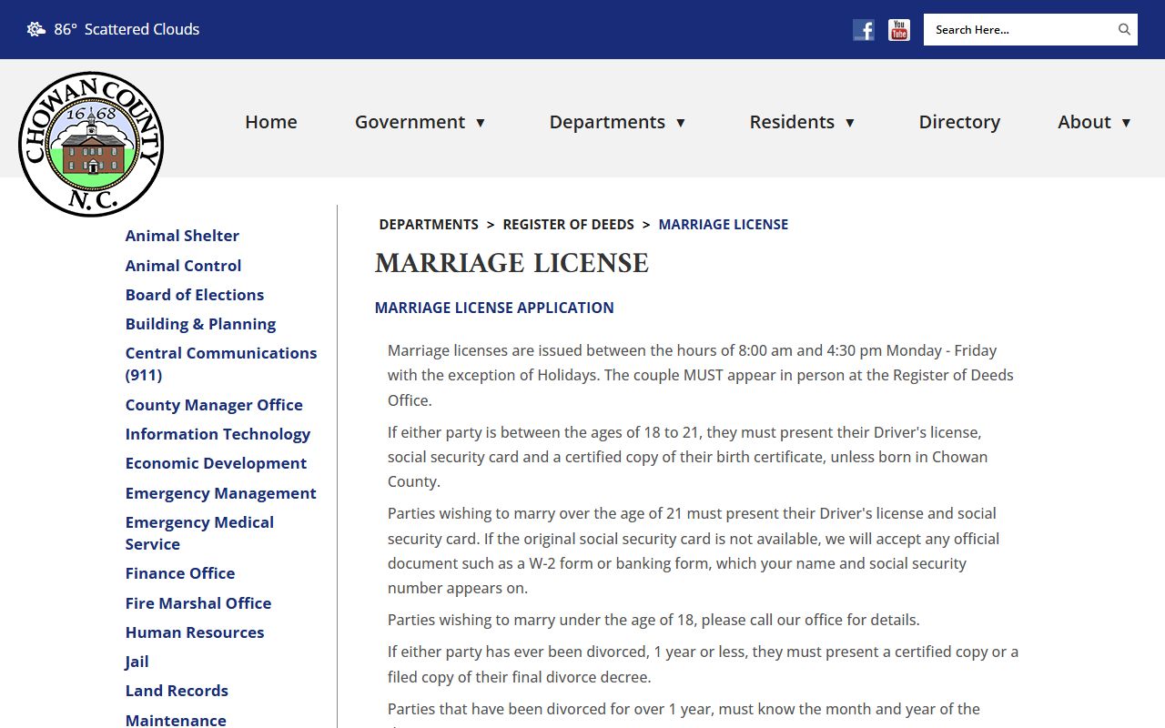 Chowan County marriage records license instructions and fee