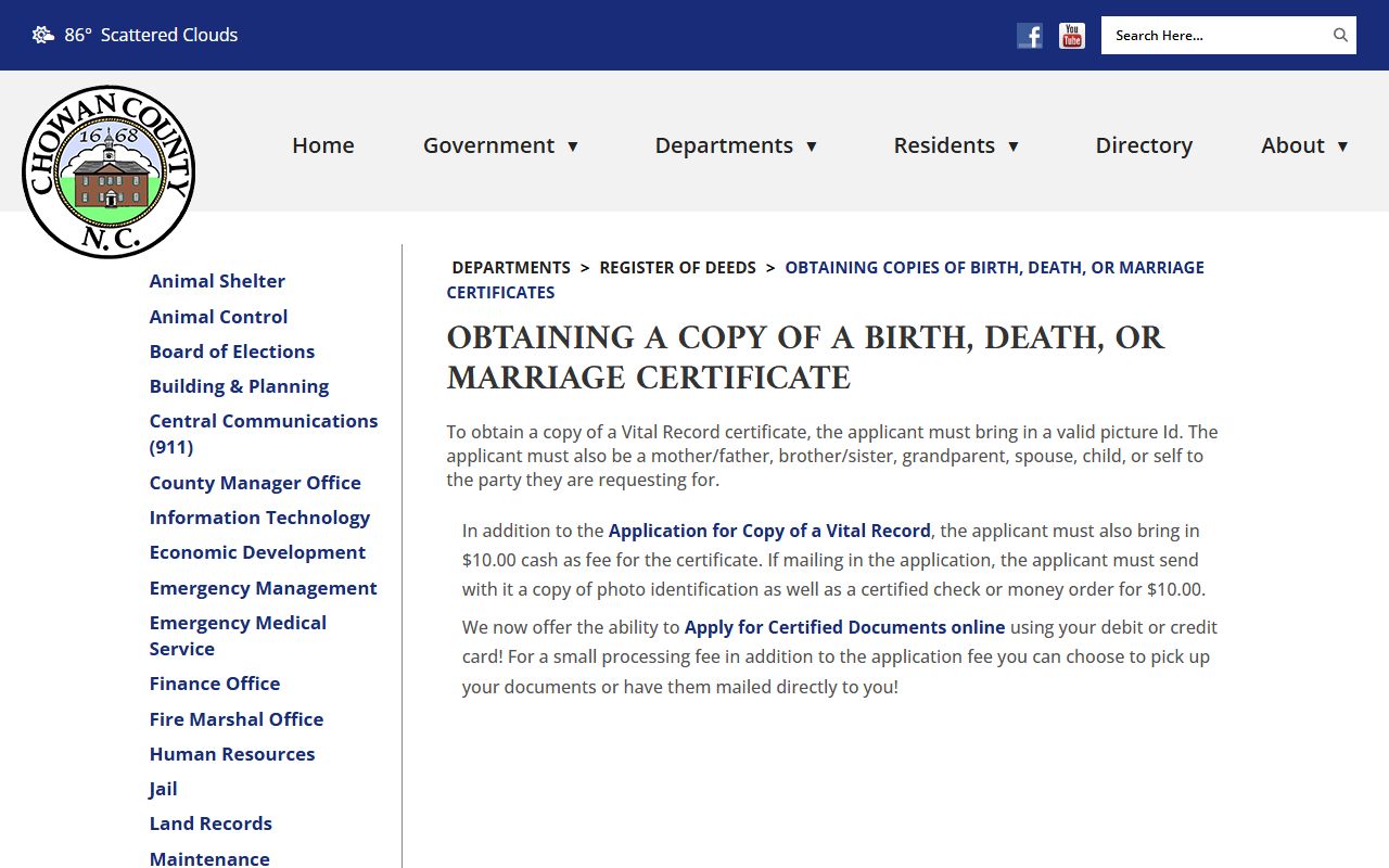 Chowan County marriage records certified copy instructions