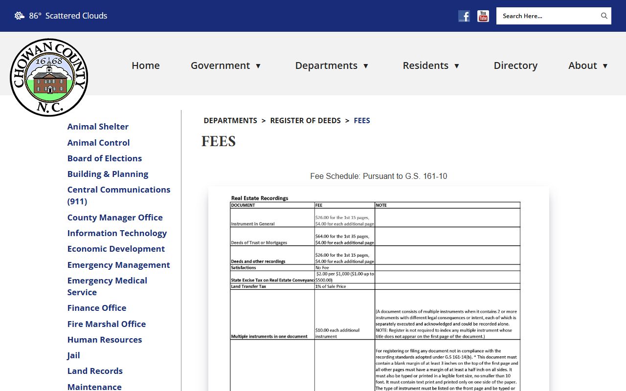 Chowan County marriage records Register of Deeds fee schedule
