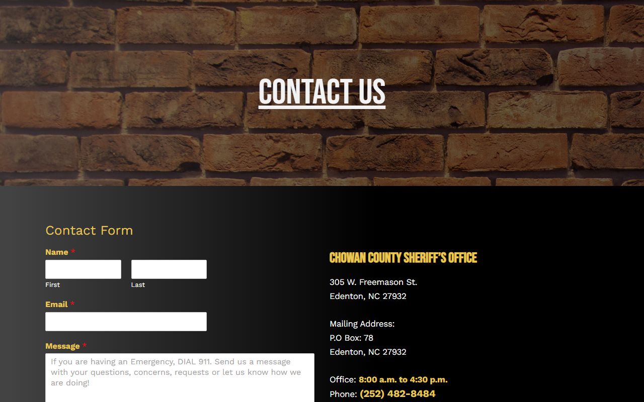 Chowan County warrant records sheriff contact page