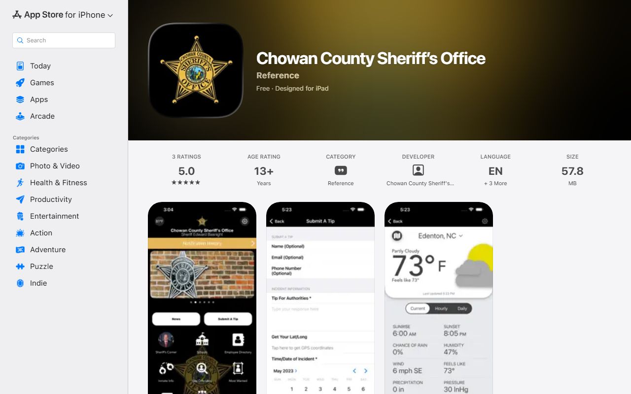Chowan County warrant records Apple sheriff app listing